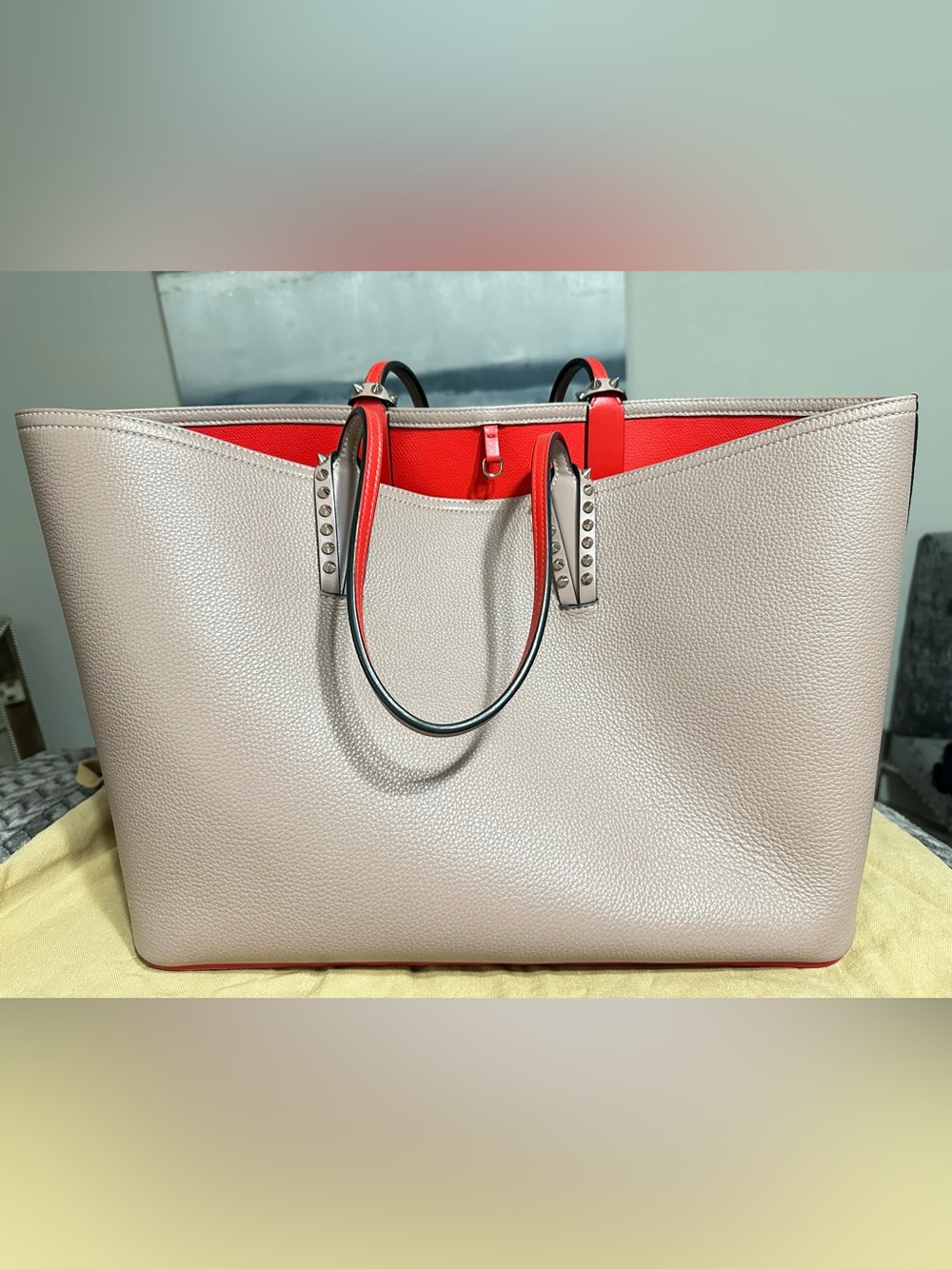 Christian Louboutin Large Cabata Tote Bag with Matching Pouch Beige/Taupe & Red - Picture 3 of 9